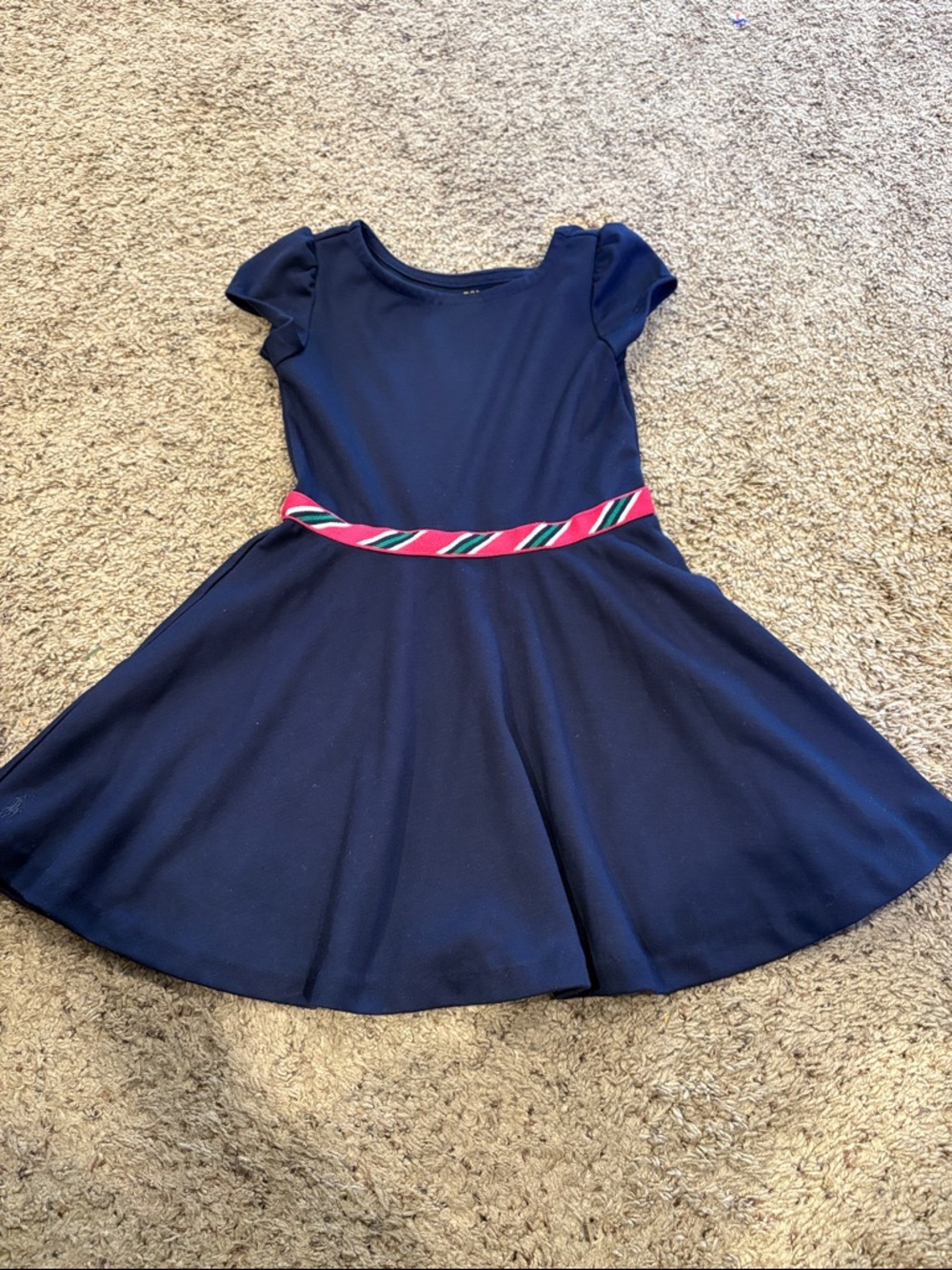 Polo Ralph Laure Girls Navy Twirl Dress with Pink-Striped Waist